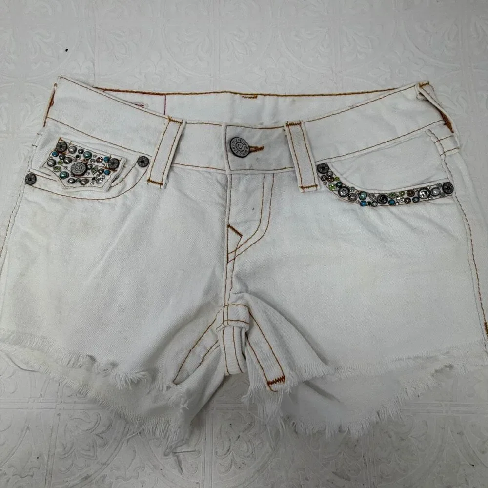 Vintage True Religion White Distressed Joey Cut Off Embellished Shorts Size 26